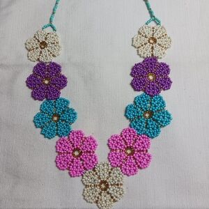 Floral Beaded Necklace in Purple, Blue, Pink, and Cream